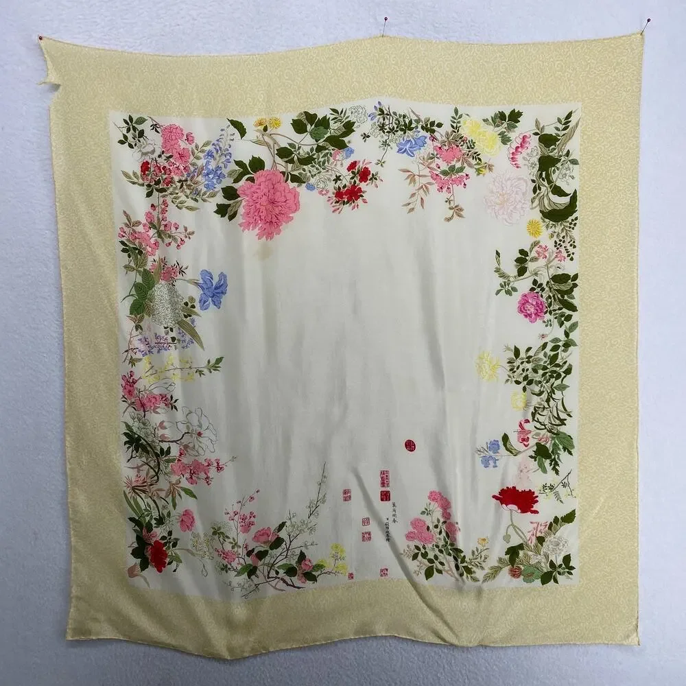 MUSEUM OF FINE ART Scarf 100% Silk Hand Rolled Floral Square Yellow VTG 32x32